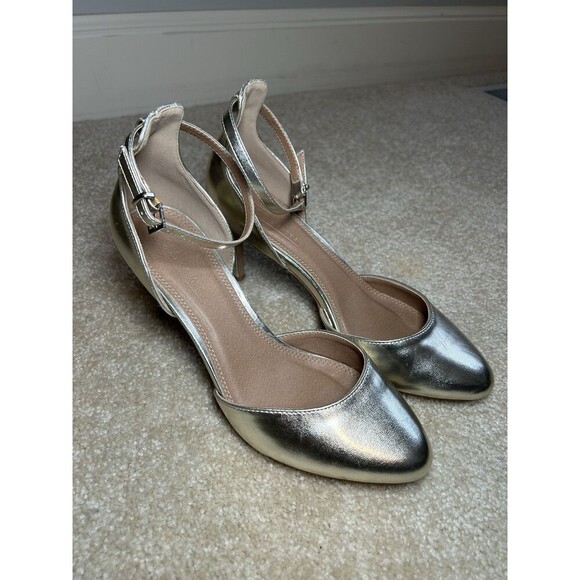 ASOS Metallic Gold Round Toe Ankle Strap Heels Size 4.5 - Picture 1 of 8
